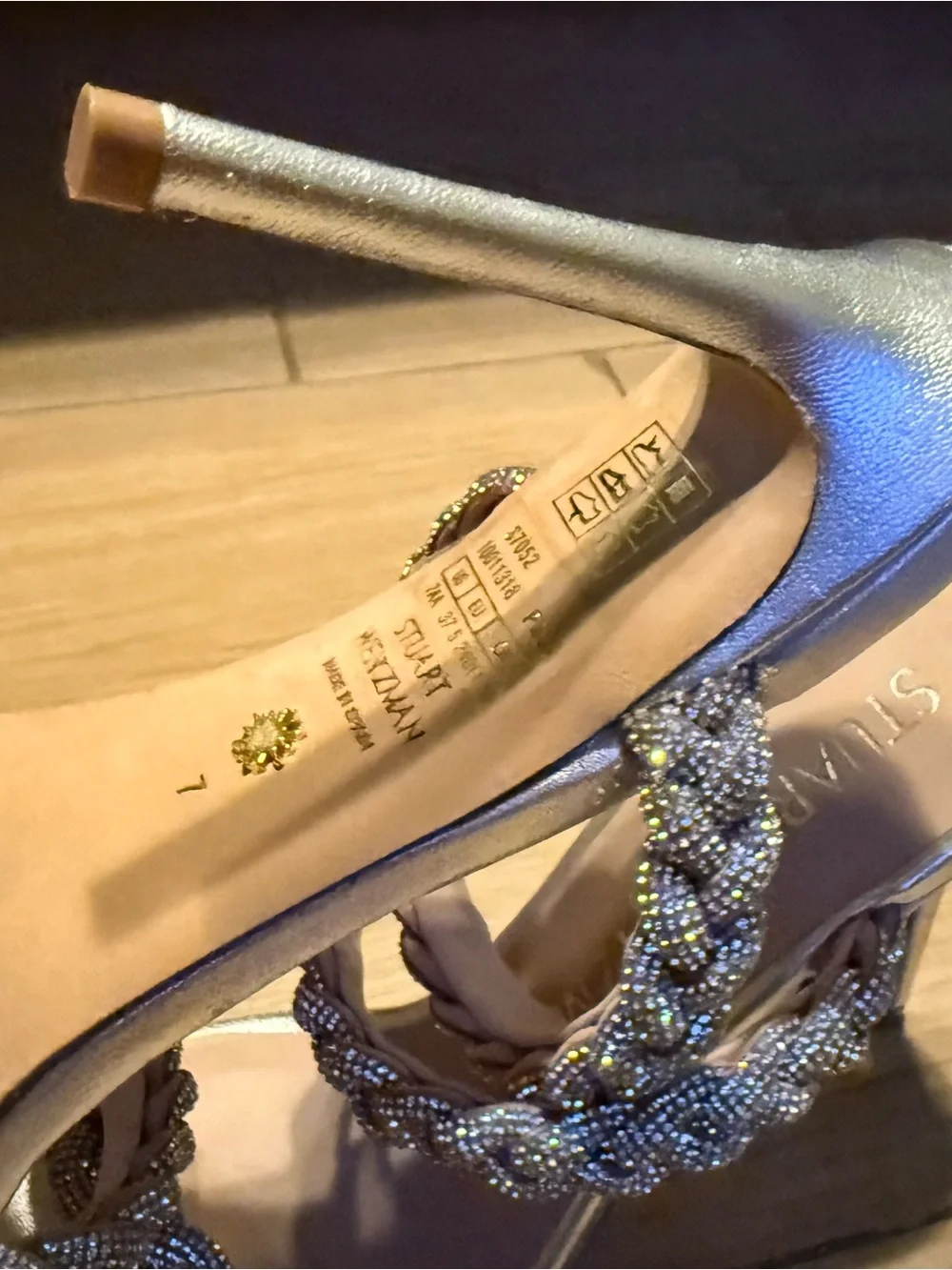 Stuart Weitzman Silver Braided Crystal Embellished Stiletto Sandals, Size 7